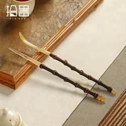 Handmade purple bamboo whip handle ox horn head tea pull tea needle hairpin tea scoop tea grilled tea ceremony six gentleman spa