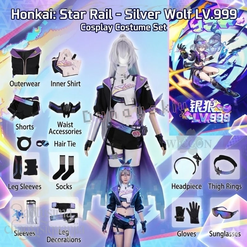 Disfraz de Cosplay de Anime Honkai: Star Rail, Silver Wolf LV.999, Nuevo Atuendo Y2K, Moda Punk, Traje Negro, Morado y Azul, Bikini Sexy, Capa y Pelucas