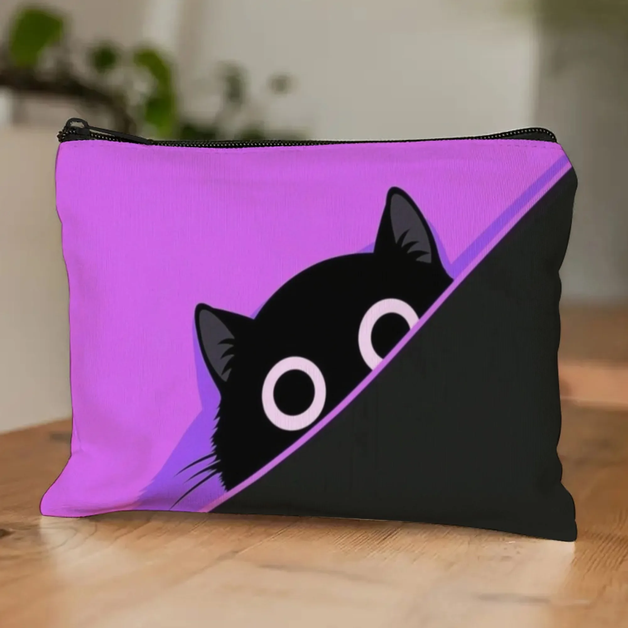 Cute and Playful Cosmetic Bag with Peeking Purple Black Cat Design  Adorable for Cat Lovers & Daily Makeup Storage Ideal Gift