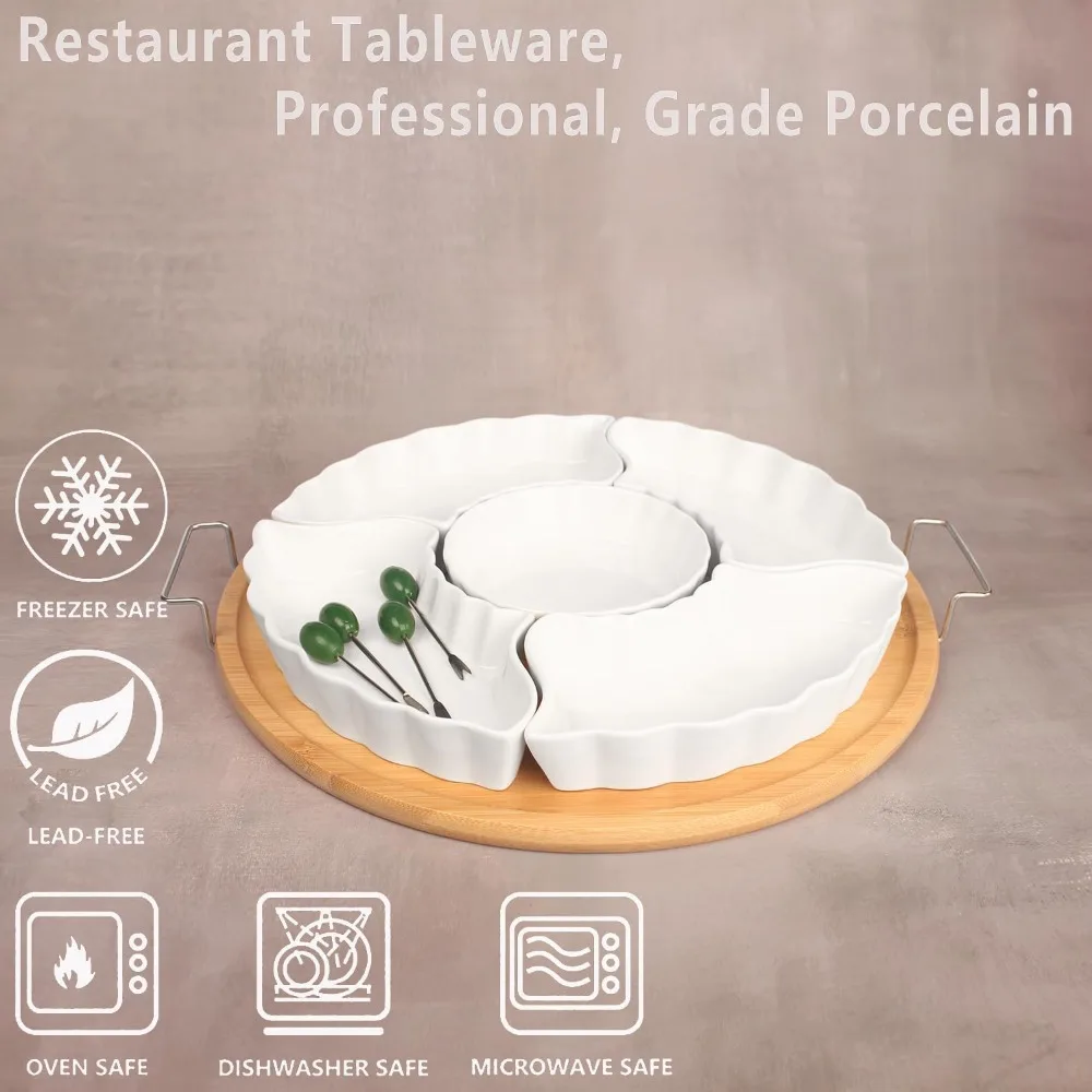 Divided Snack Tray with Lid, 5 Removable Snack Deli Containers with 4 Forks for Party Serving Plate, Fruit Tray with Dips, Snack