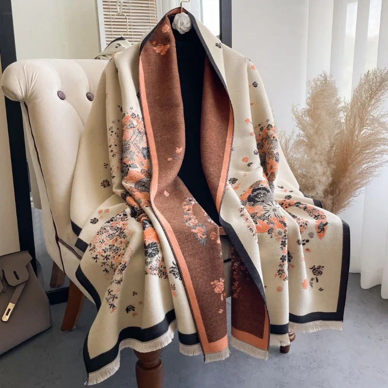 Women Retro Horse Floral Print Double Sided Large Shawl Winter Fringed Neck Wrap For Office And Daily Use