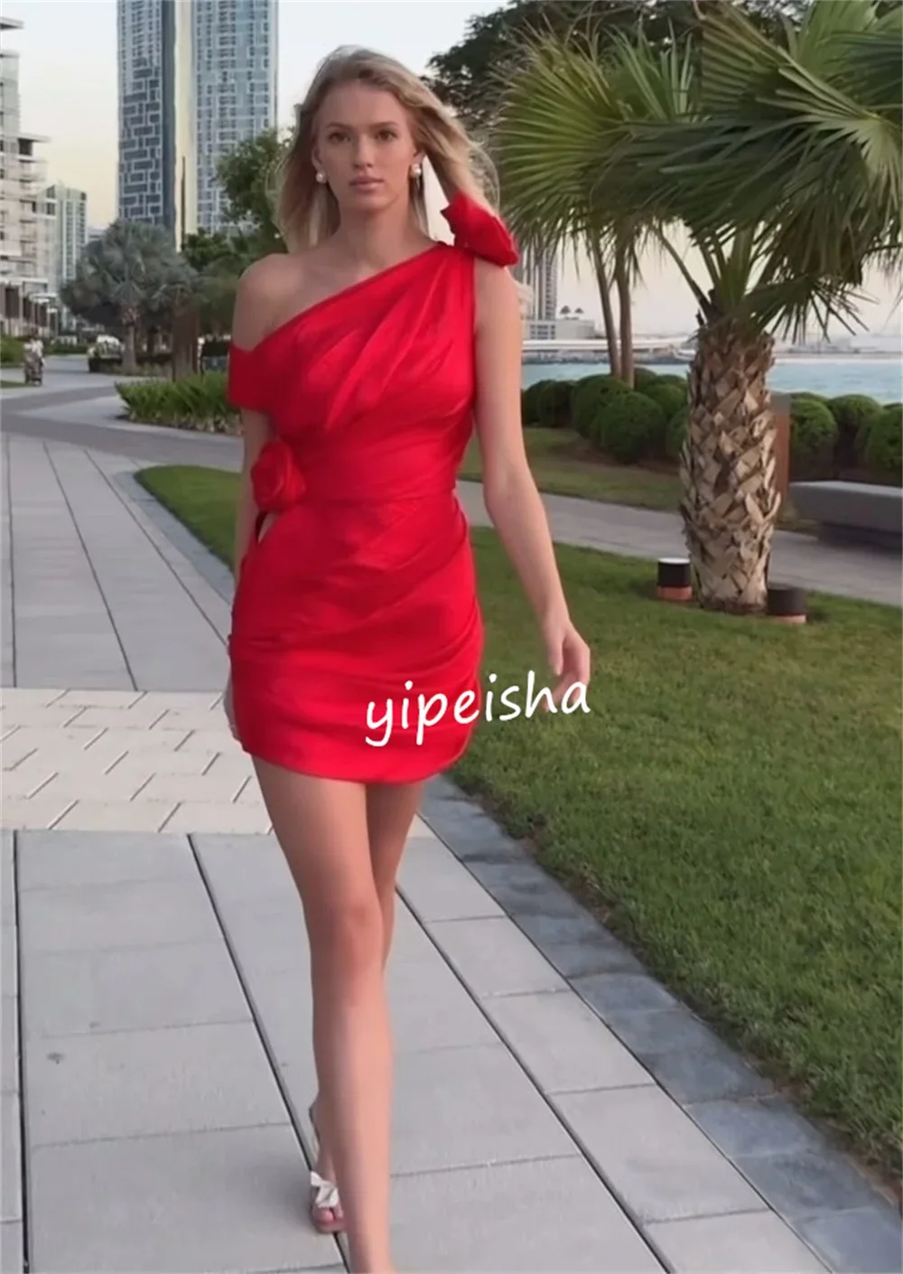 Robe fourreau à fleurs avec nœud papillon, asymétrique épaule dénudée, personnalisée, Sexy, robes de Cocktail simples, rétro, mode élégante, exquise, de haute qualité