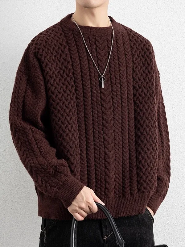 

Winter Thiened Long Sve round Ne Knitted Sweater Men's Casual Loose Fit Color Vintage Twist Yarn Sweater