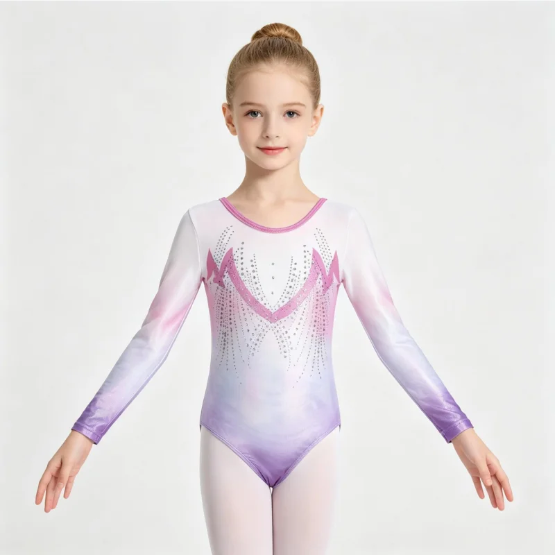 Girl kid Professional high quality  gymnastic sport dance leotard  printed with rhinestone breathable comfortable fabric