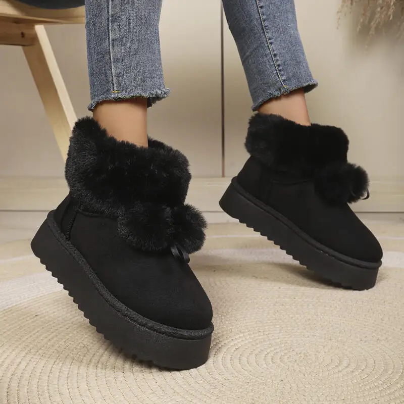 Cute Fluffy Fur Ball Thick Bottom Snow Boots Women Winter 2026 Warm Plush Suede Ankle Boots Comfort Platform Cotton Shoes Mujer view 5