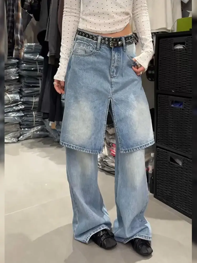 Retro Fake Two-piece Stacked Jeans Children's Fashionable Design Versatile Floor-mopping Trousers