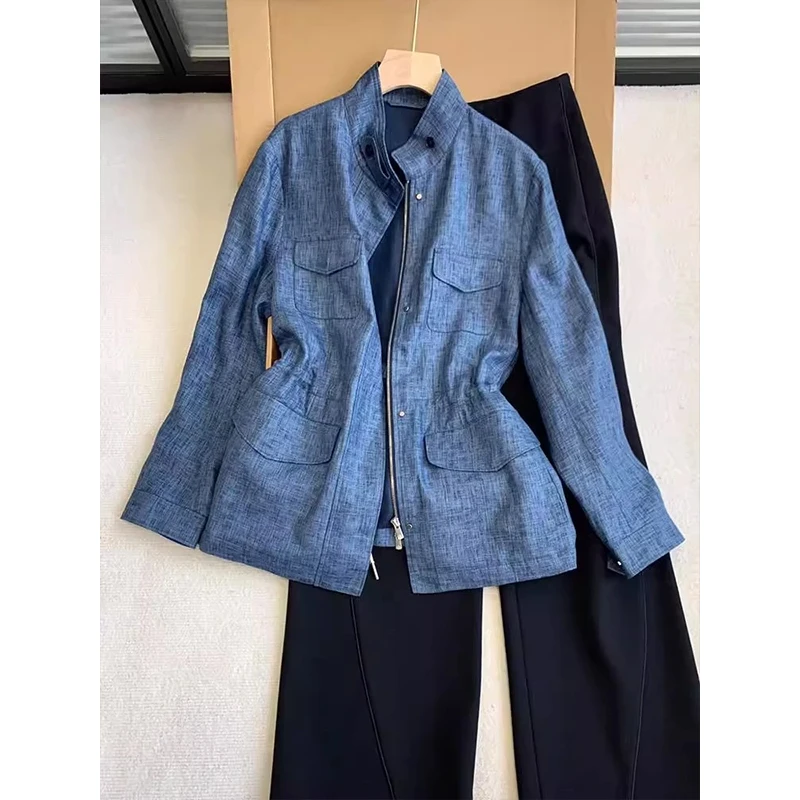 

Blue mat Workwear Jaet Women's Versatile Retro Hong Kong Sle Zipper Waist Cinching Outerwear Top for Autumn Winter