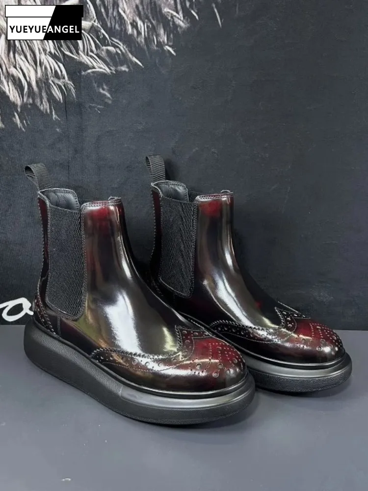 

British Style Carved Men Ankle Boots Thick Soled Genuine Cow Leather Chelsea Shoes Retro Casual Winter Warm High Top Footwear