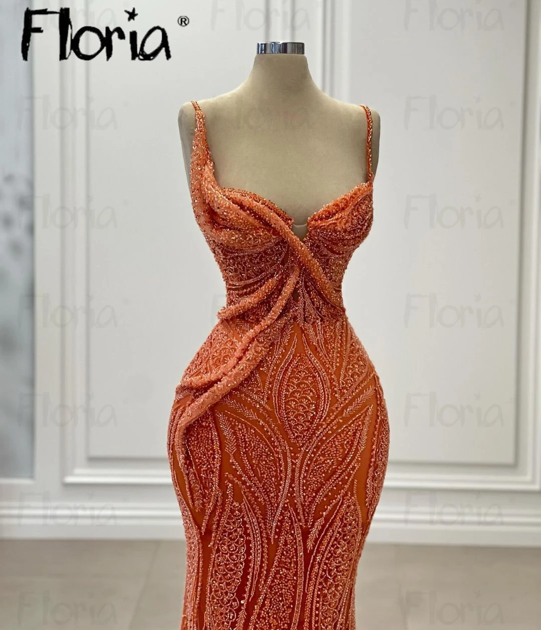 Beading Orange Evening Dress Arabic Square Neck Elegant Formal Prom Dresses Dubai Sparkly Sequins Celebrity Gowns Custom Made