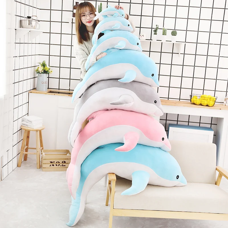 Kawaii Grey Dolphin Plush Toy Soft Blue Stuffed Animal Pink Sofa Long Pillow for Room Decor Christmas Gift for Girls And Boys