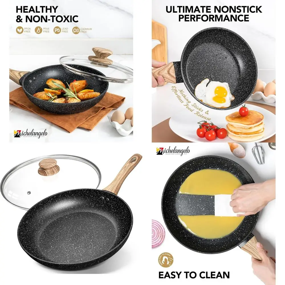 

12-Inch Large Stone Nonstick Frying Pan with Glass Lid, Ergonomic Handle, Induction Ready, Black