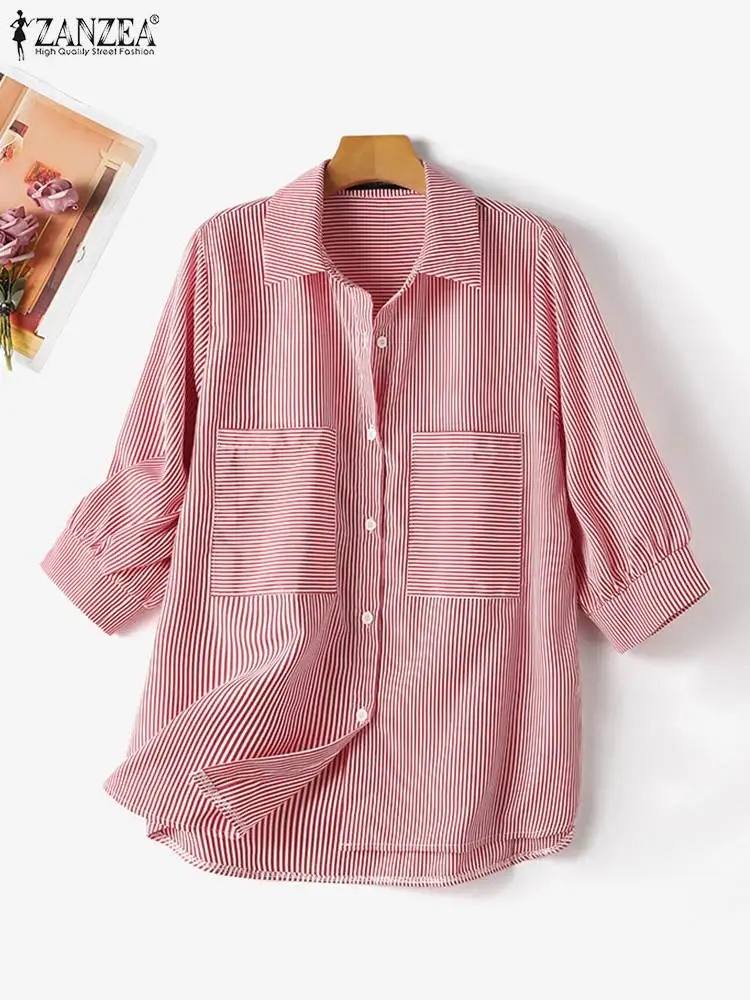 ZANZEA Casual Lapel Shirts Women Summer Oversized 3/4 Sleeve Buttons Tops 2024 Fashion Striped Lantern Sleeve Office Lady Blouse