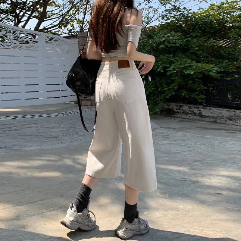 American Retro High Waist Loose Wide-leg Pants Spring and Summer Straight Cropped Jeans Women's Shorts.