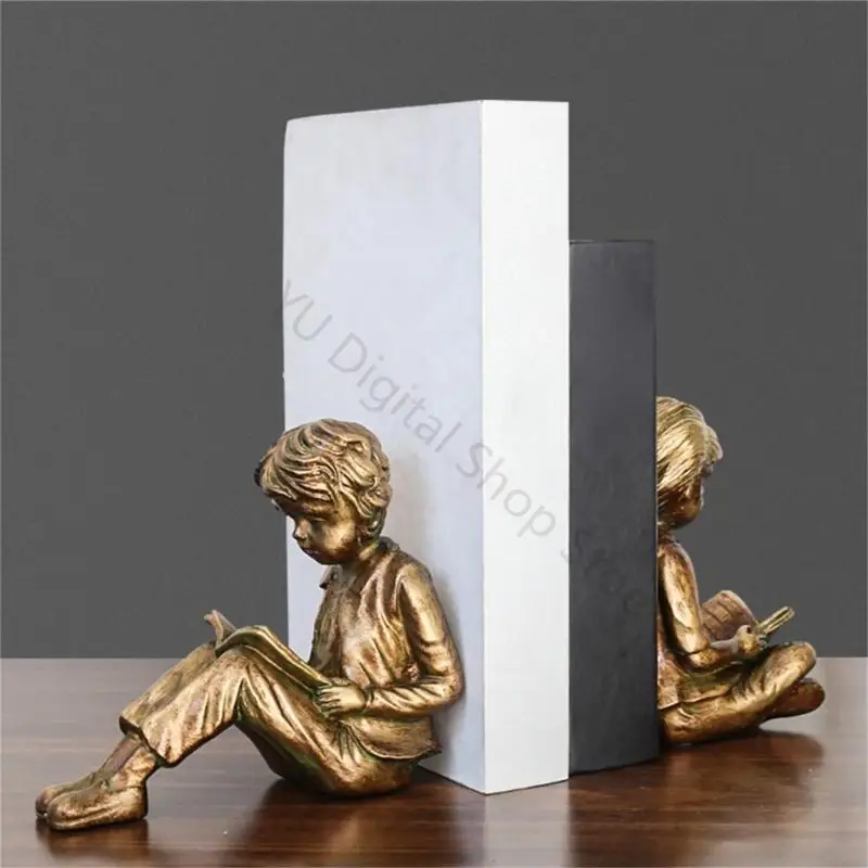 96BA Bronze Tone Resin Bookends Reading Child Figure Book Stoppers for Shelf Use
