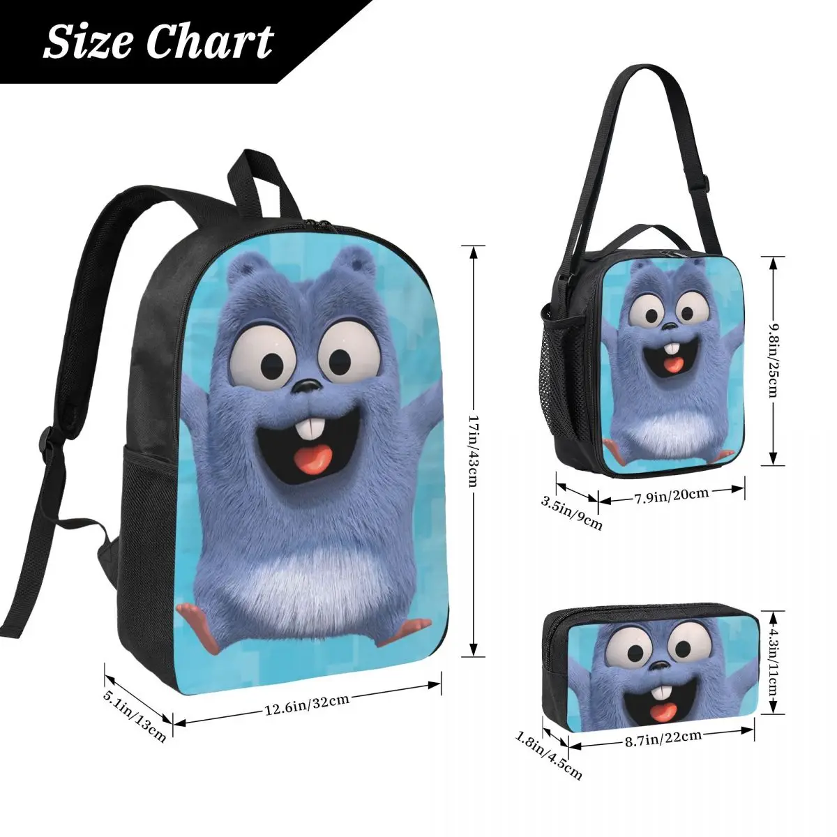 Cute Grizzy And The Lemmings Cartoon Backpack BookBag School Bag Computer Shoulder Bags 3ps Insulated Lunch Bag Pencil Case