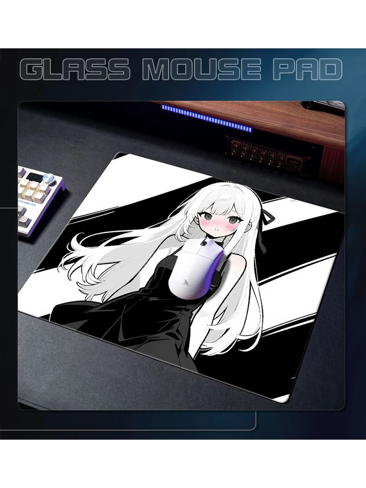 Glass Mouse Pad without Lock Edges Black and White Anime Girl Mouse Pad Student Desk Mat Computer Mouse Mat Laptop Deskmat HD