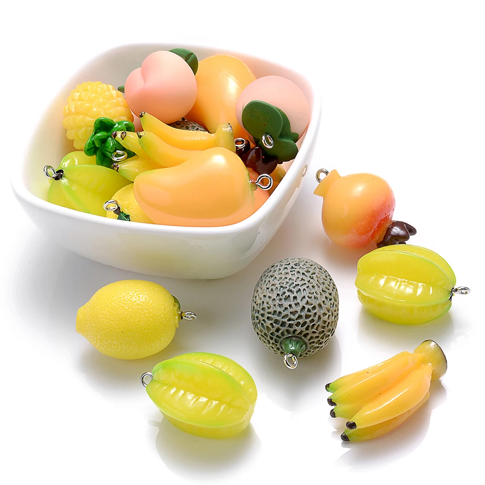 5pcs Mix Fruit Charms Mango Pineapple Peach Lemon Cantaloupe Resin Pendant Charms For Making Jewelry DIY Necklace Earring