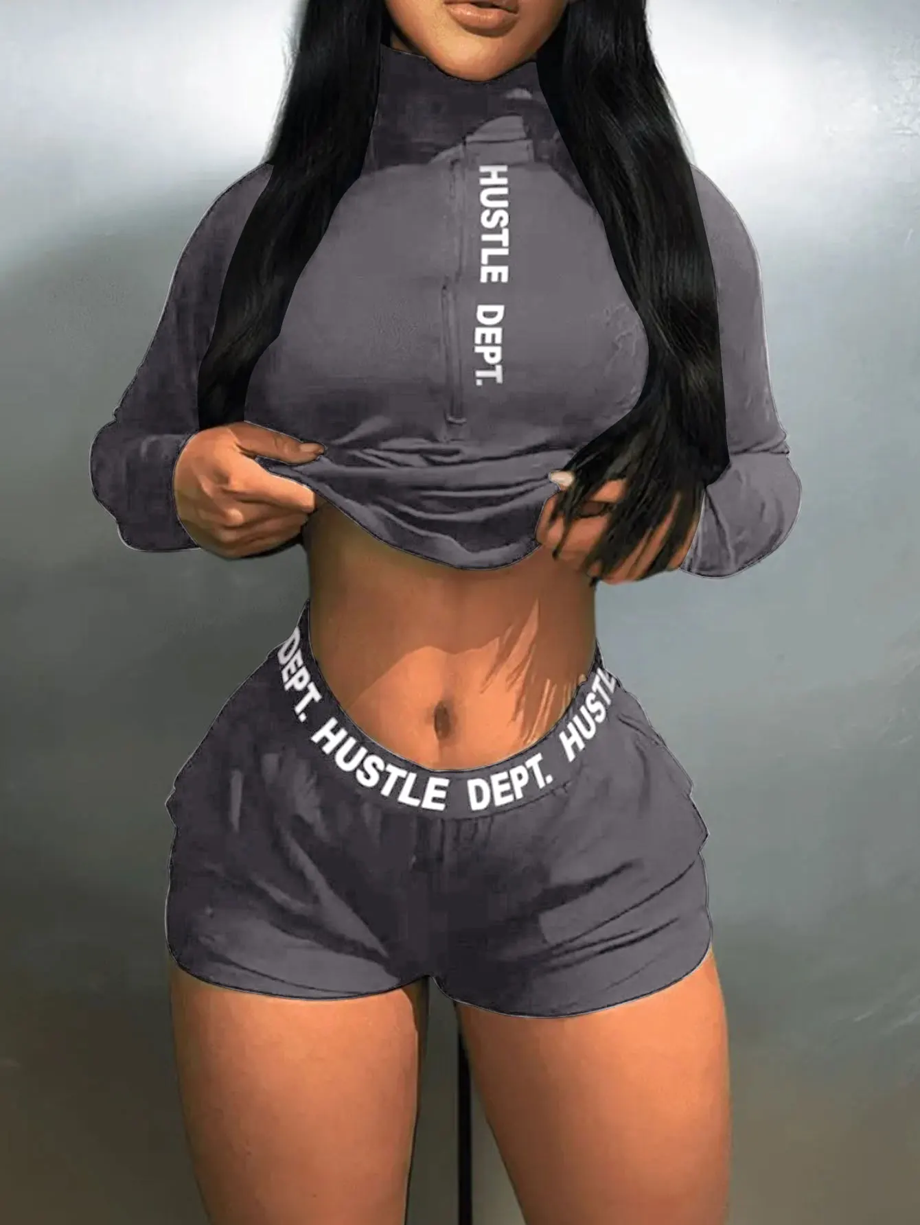 

Grey Zip-Up Crop Top and Sports Shorts Set, Stylish Athleisure Women’s Outfit