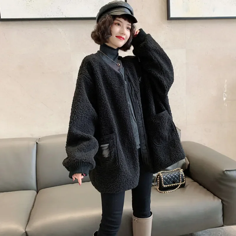 Casaco para mulher retro imitatio lã de cordeiro emenda solta manga comprida casual topo preguiçoso estilo solto exterior usar pequeno estilo fragrância