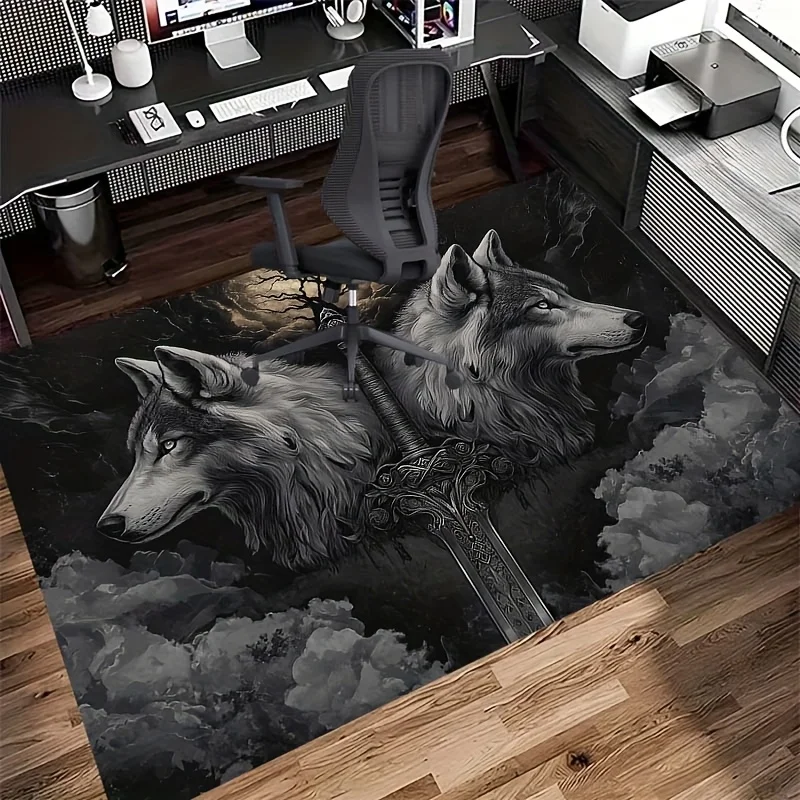 Viking Mythology Tree of Life Rug - Wolf Head Sword Print Non-Slip Washable Mat, Living Room Bedroom Game Room Office Decor Gift