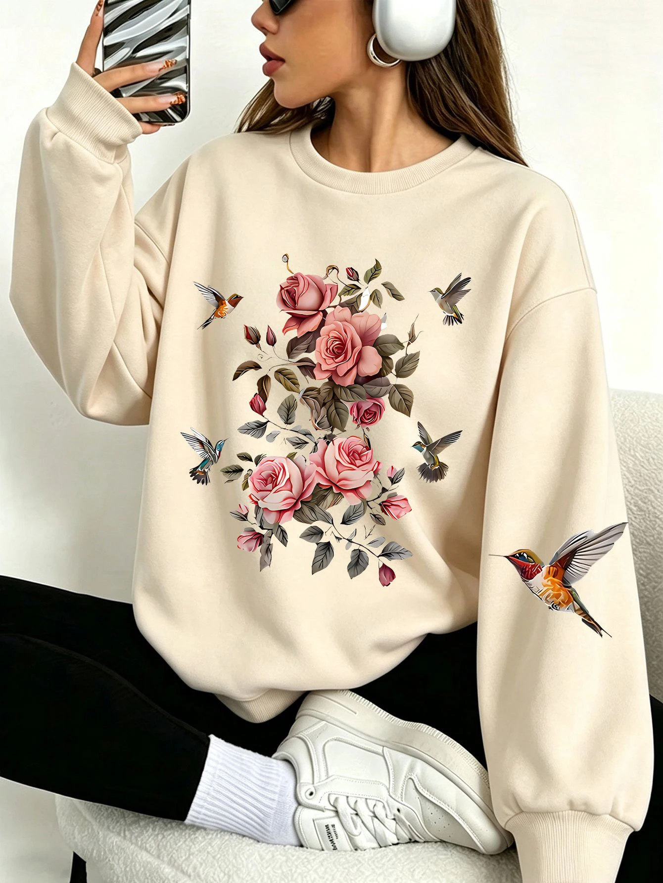 Rosa Rose Kolibri Blumendruck Damen Pullover Fleece Unisex Sweatshirt Rundhals Y2K Streetwear All-Match Herbstkleidung – Detail 12