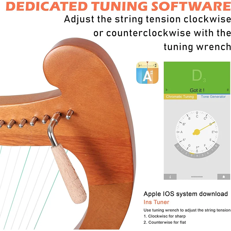 15 19 String Lyre Harp Piano Solid Wooden Portable Musical Instrument High Quality Stringed Instrument with Tuning Wrench