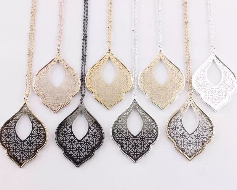 Gold Filigree Geometric Moroccan Pendant Sweater Necklace Women Long Chain Jewelry