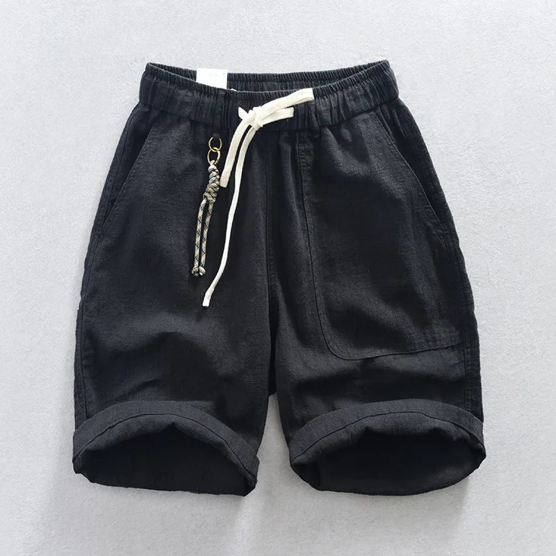 New Korea Summer Solid Cotton Linen Elastic Waist Thin Loose Casual Cargo Pocket Pants Men Shorts Male Clothing