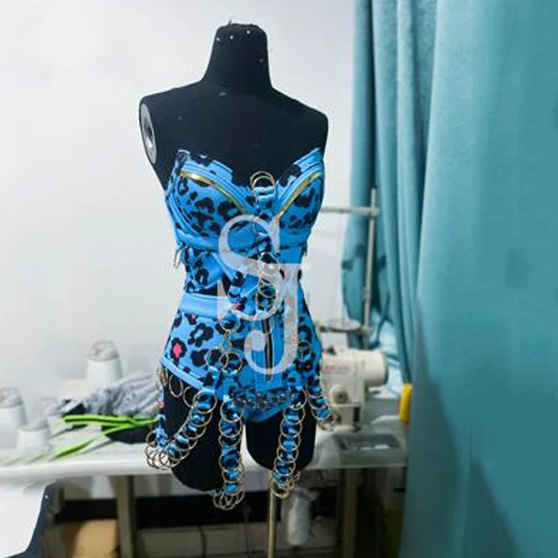 Women Blue Leopard Chain Bodysuit Rave Outfit Dj Ds Stage Performance Wear Sexy Gogo Dance Clothing Pole Dance Costume