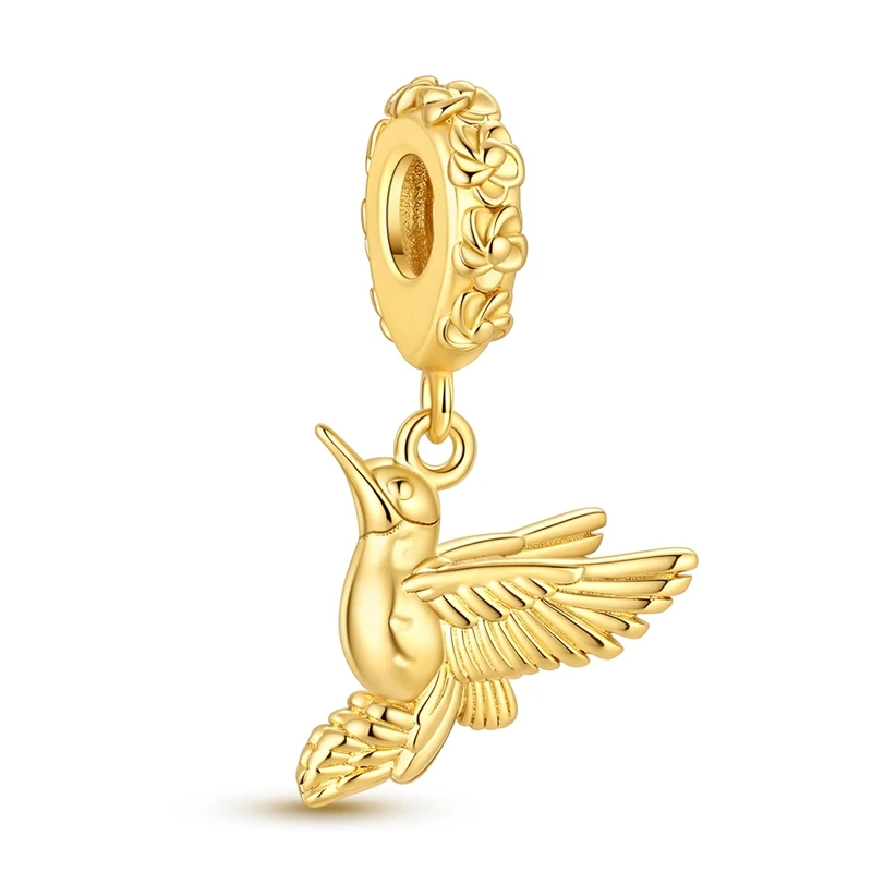 New Original 925 Sterling Silver Gold Hummingbird Charms Bead Dangle For Women Fine DIY Birthday Party Jewelry Gifts