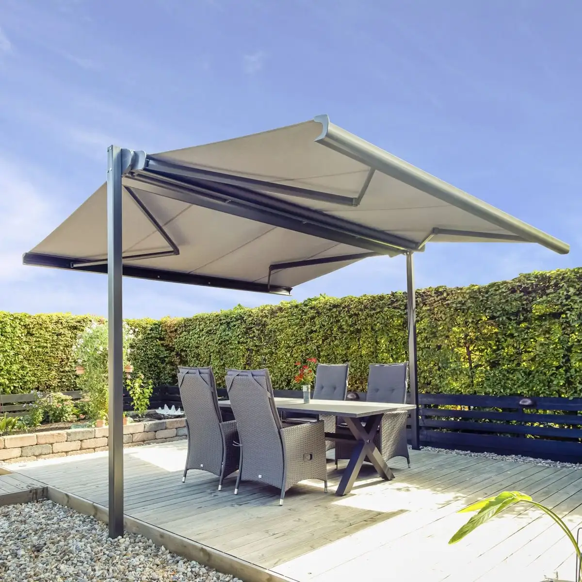

Wall Mounted Waterproof Motorized Canopy Retractable Acrylic Full Cassette Awning with Led Lights Aluminum Folding Arms Awnings