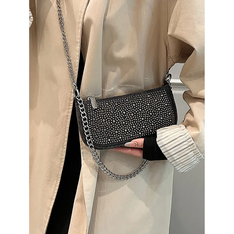 Light Luxury Diamond Denim Texture Chains Underarm Bag High Quality Fashion Small Square Bag Women 2024 New Simple Crossbody Bag