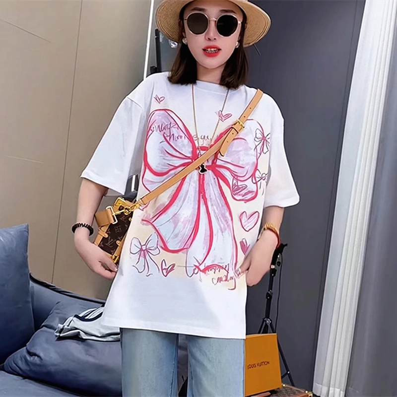 Japanese Lovely Bow Knot Cartoon T-shirt Pure Cotton Oversized White Tops Summer Street Fashion Women Girls Korean Trend Clothes