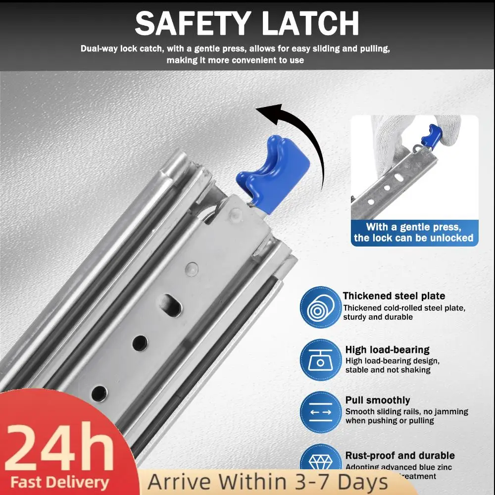 

Пара 68-дюймовых направляющих с шарикоподшипниками и боковым креплением, полного выдвижения, с фиксатором, для инструментальных ящиков, нагрузка до 500 фунтов