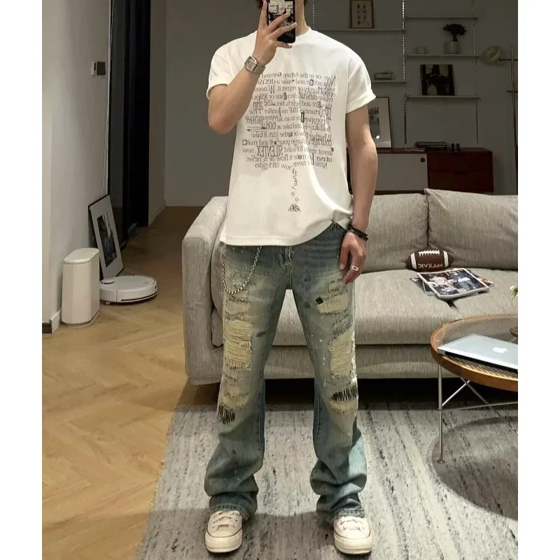 Men's Jeans High Street Vintage Distressed Ripped Faded Man Pants Blue Straight Denim Trousers Embroidery Design Bootcut