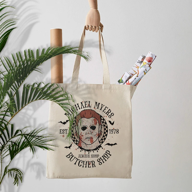 Horror Movie Element Pattern Canvas Shopping Bags Halloween Gift for Horror Movie Lovers Women Halloween Tote Bag Trend