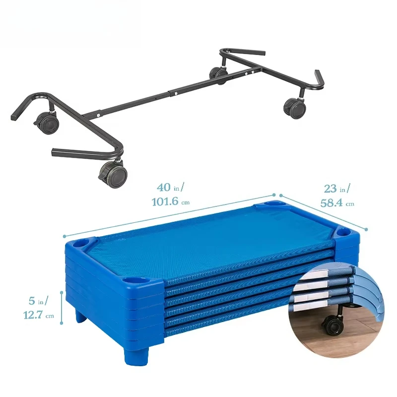 

Kindergarten blue mesh crib mobile bed frame set nap furniture preschool crib nursery stackable toddler bed