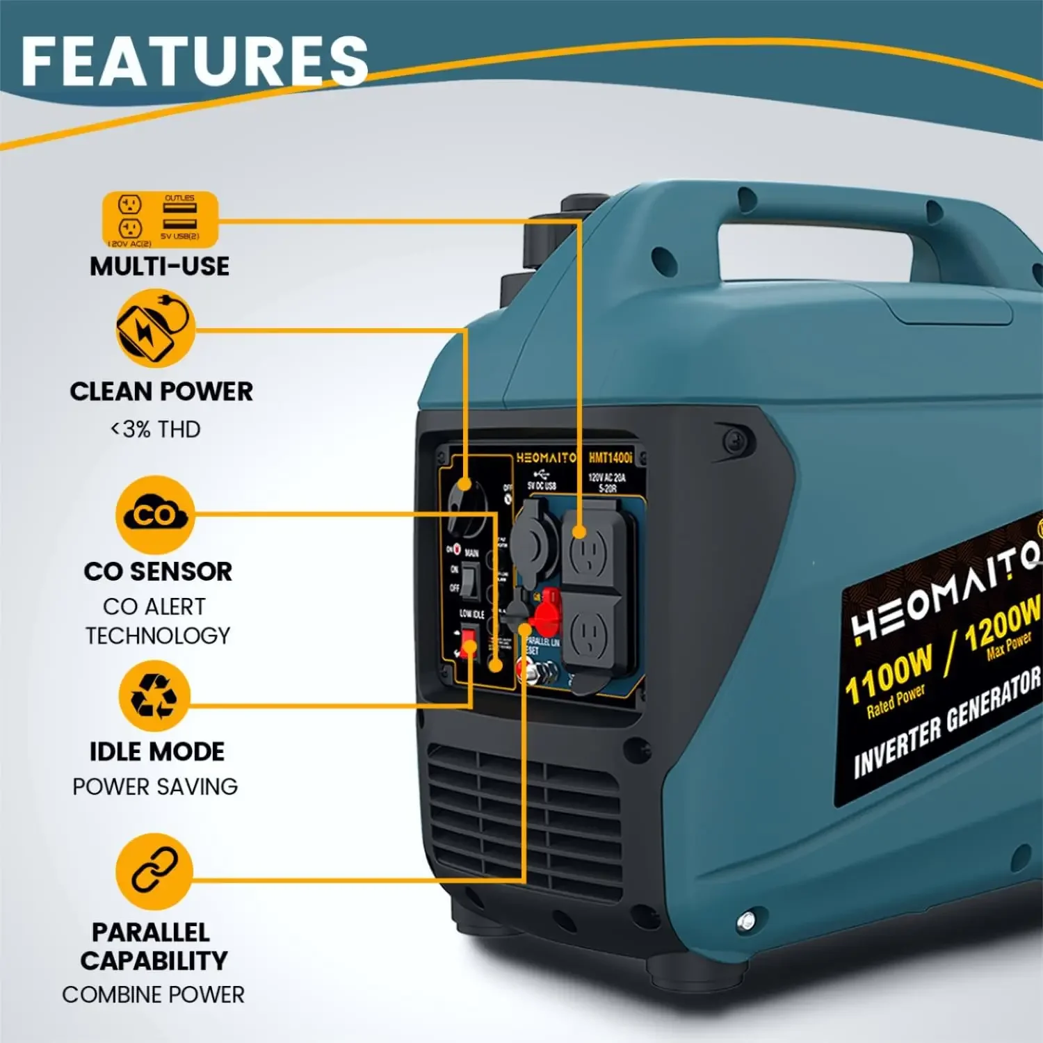 HEOMAITO Portable Inverter Generator 1200W Ultra Quiet Gas Powered with CO Sensor Eco-Mode, Parallel Capability, EPA & CARB