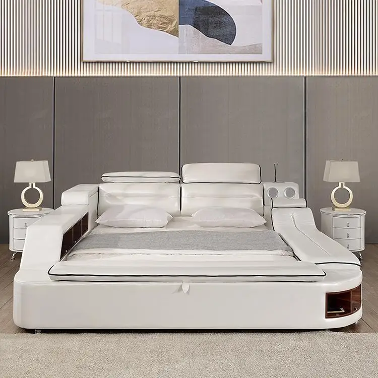 Modern Genuine Leather Platform Bed Frame, Upholstered King/Queen Size Bed with Storage, Adjustable Headboard, LED Light & USB