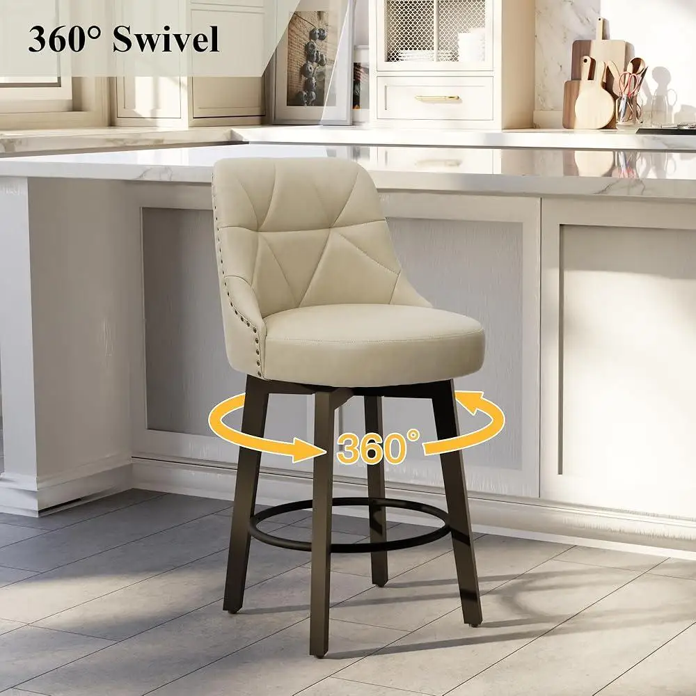 Swivel Bar Stools Set of 2 with Backrest Faux Leather Counter Height Kitchen Island Stool Ergonomic Memory Foam Padding Round
