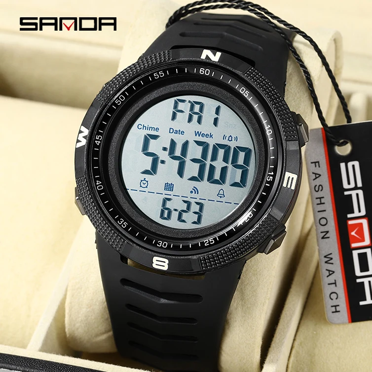 SANDA 1pc Men Digital Sports Watch LED Luminous Stopwatch Alarm Simple Army Running Climbing Fishing Casual Waterproof Watch