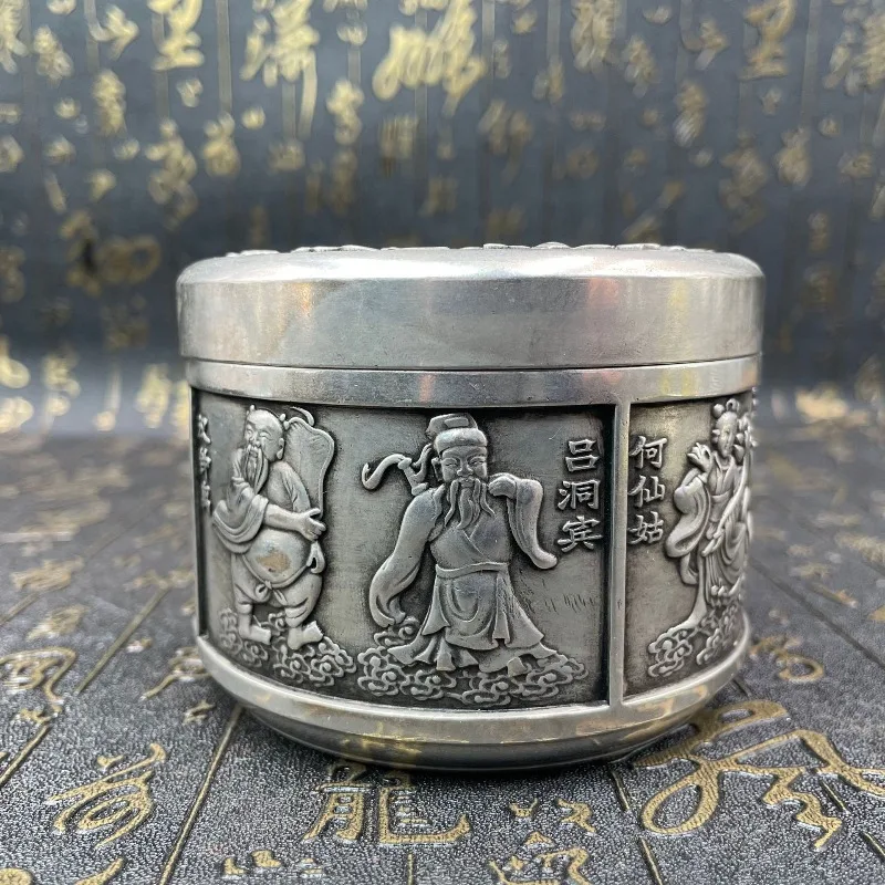 Retro Embossed Eight Immortals Pattern Silver Tone Storage Can Traditional Chinese Cylinder Jar Table Decorative Ornament