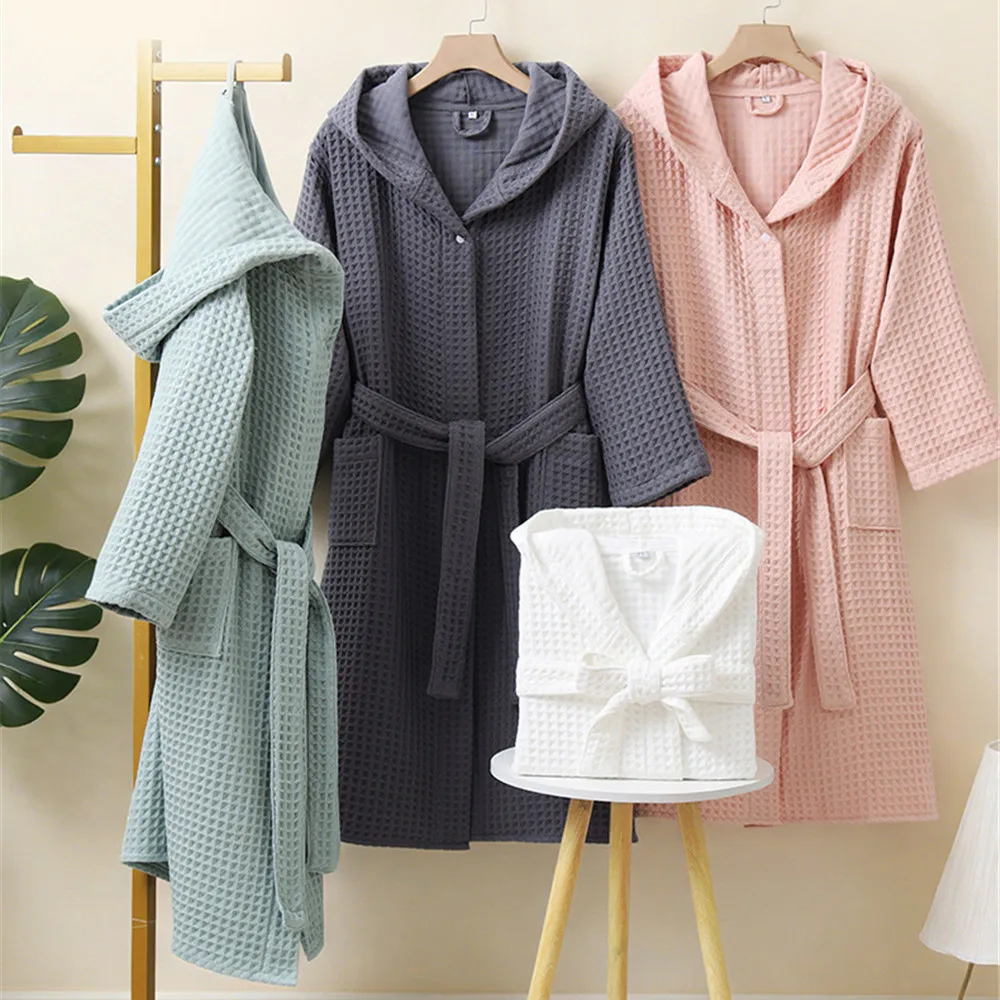 Cotton Waffle Hooded Bathrobe Hotel Home Thick Absorbent Bath Robe Sleepwear Couple Women Men Bathrobe