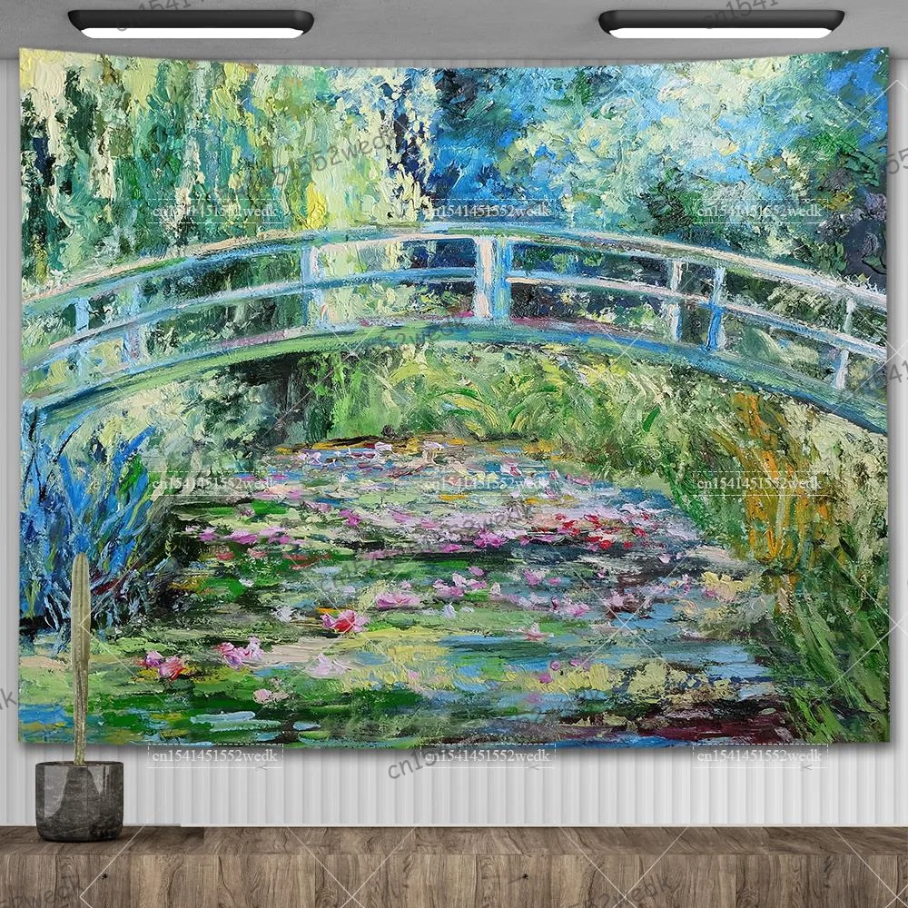 Pintura al óleo de lirio de agua de Claude Monet, tapiz colgante de pared, decoración de habitación estética, obra de arte, tapiz de paisaje,