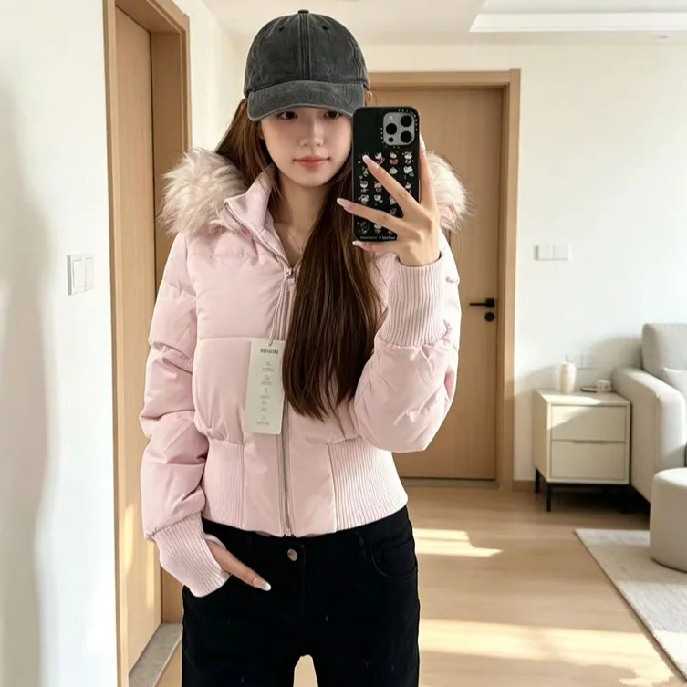 Gentle wind pink fur collar hooded cotton coat for women winter new Korean style thickened and warm short waisted cotton