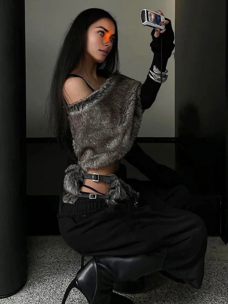 غريب سنور مثير فروي المرقعة تي شيرت المرأة الاتجاه مائل الرقبة كم كامل Coquette منتصف الليل نادي الحفلات تمتد نحيل المحاصيل الأعلى