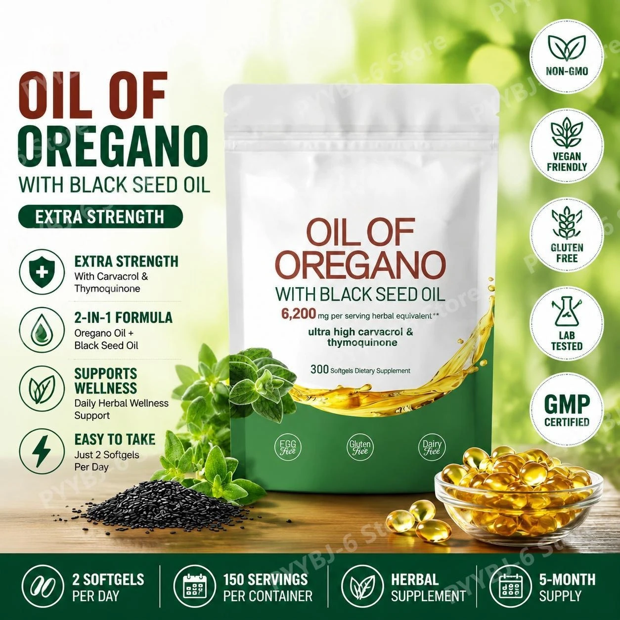 Oil of Oregano with Black Seed Oil Softgels 2-in-1 Herbal Supplement Immune Digestive Antioxidant Support Gluten Free 300 Count
