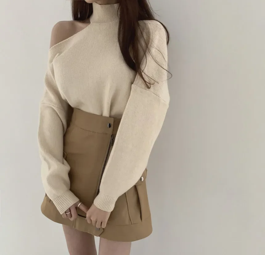 Winter Autumn Loose Irregular Casual Elegant Hollow Out Turtleneck Sweaters Tops Halter Bare Shoulders Knitted Pullover Black