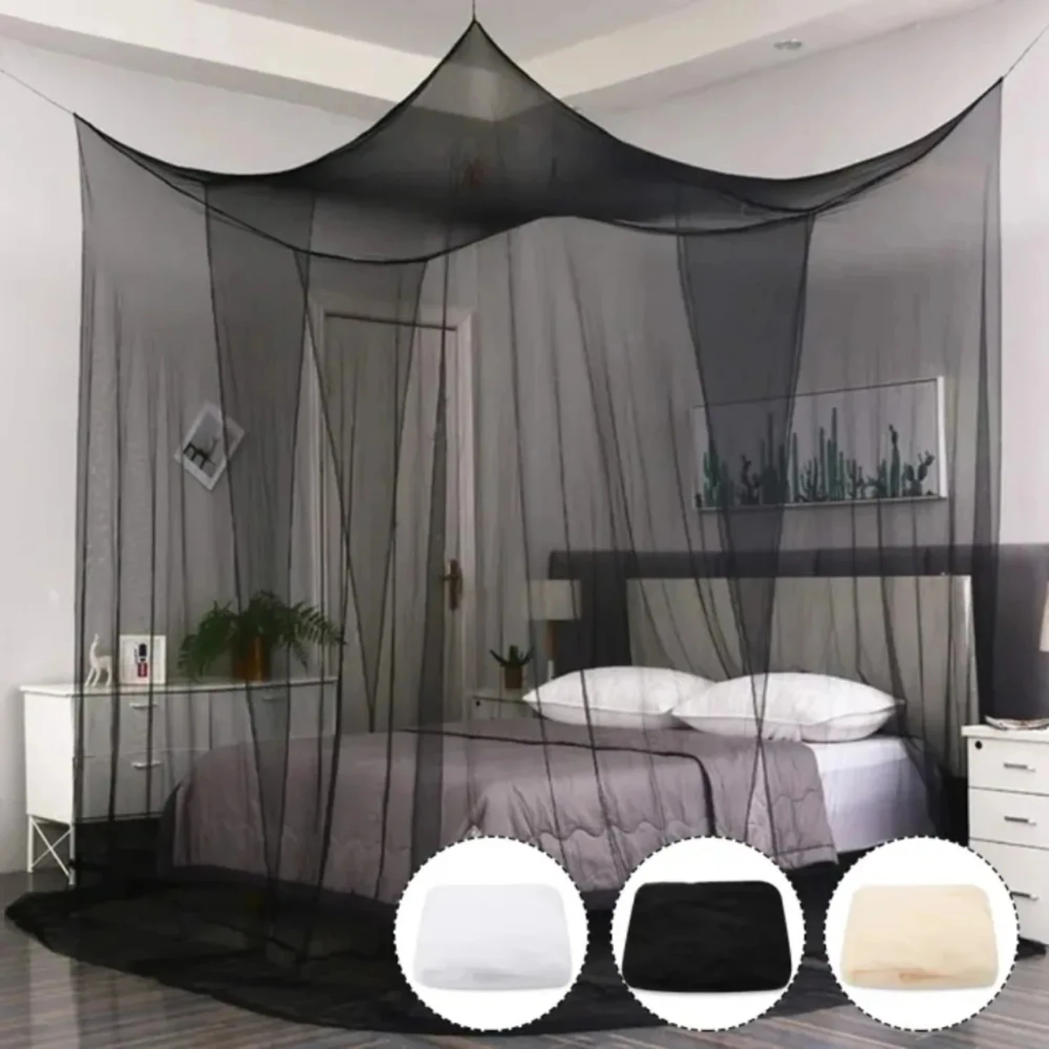 Graceful Square Portable Four Corner Post King Size Bed Canopy Net, Preventing Insects Outdoors, Textile Mosquito Net