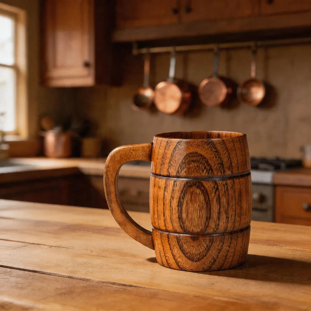380ml Wooden Stein Tankard from Jujube Wood Natural Visible Rustic Beer Mug with Integrated Handle for Home Use